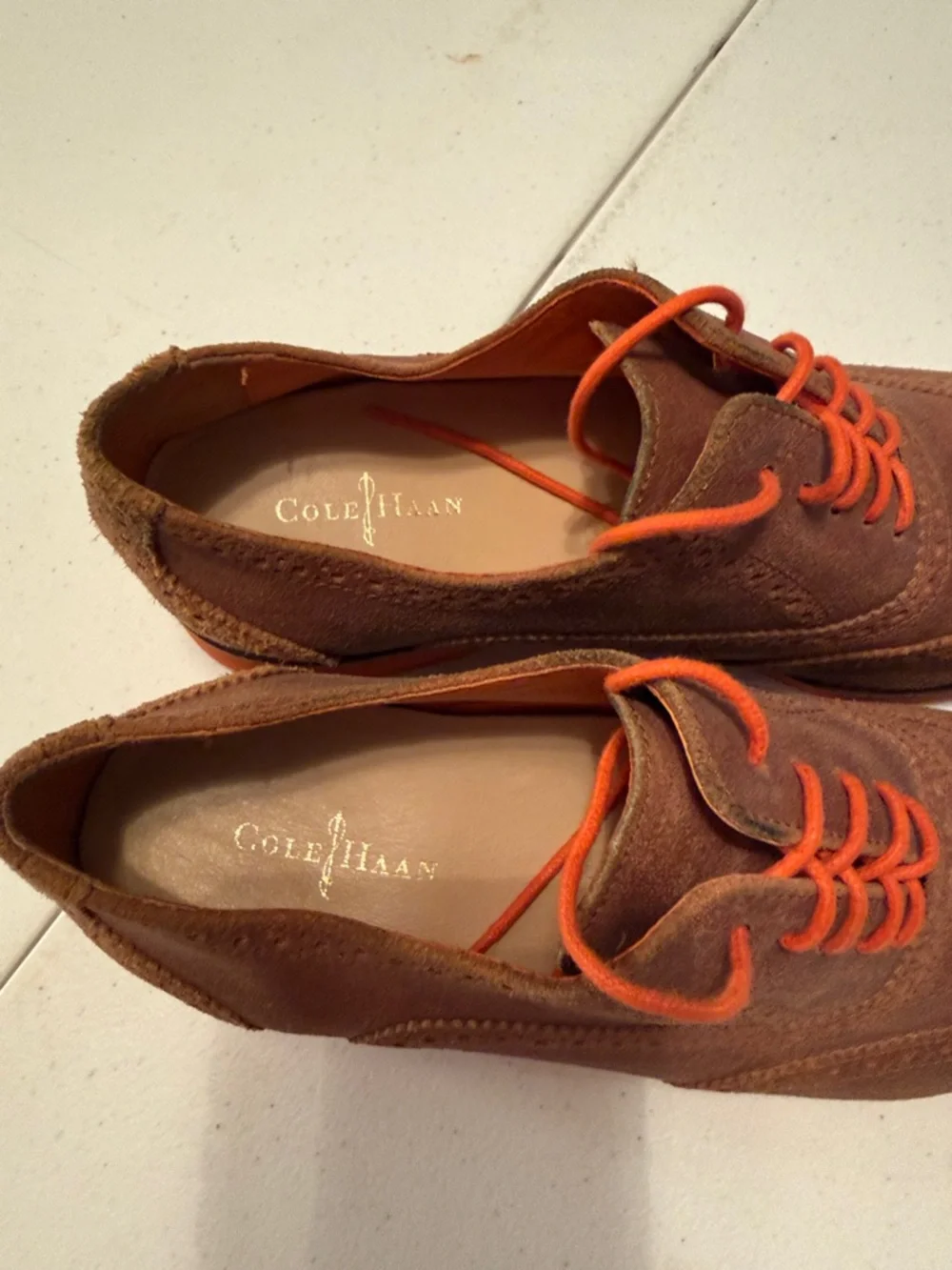 Cole Haan Brown Suede Wingtip Oxfords with Orange Laces